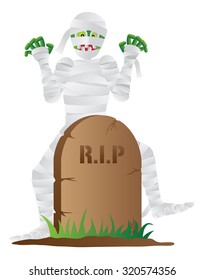 Halloween Mummy Cartoon With Tombstone Isolated On White Background Raster Illustration