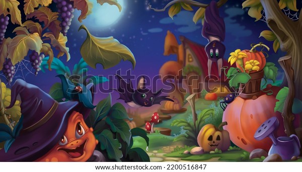 Halloween night, bats and\
pumpkin