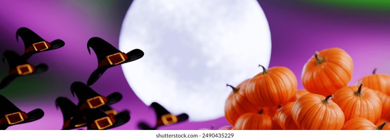 Halloween night with flying witch hats and a pile of pumpkins under a full moon. 3d rendering - Powered by Shutterstock