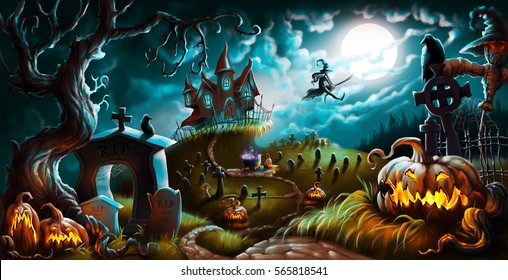 Halloween Night Mystery Graveyard Illustration Background