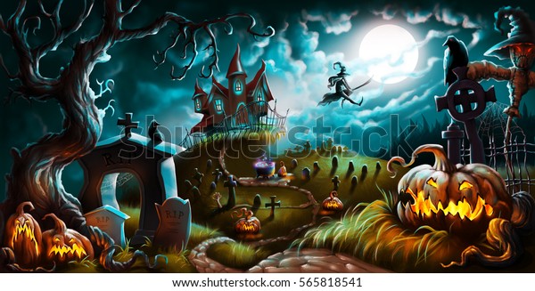 ハロウィーンの夜の謎の墓地イラスト背景 のイラスト素材