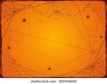 Halloween orange background with spider webs. Holiday Halloween Card with grunge border from cobwebs. Illustration can be used for children's holiday design, decorations, cards, banners