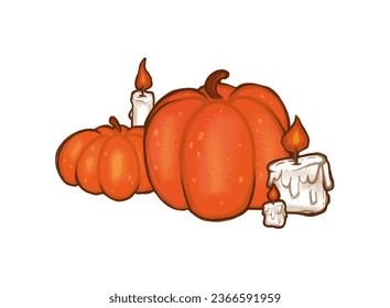 Halloween orange pumpkins   candles Autumn holiday decor Hand drawn clipart illustration and colored pencils isolated white background