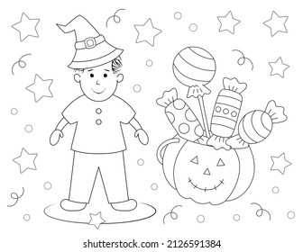 halloween party coloring page for kids cartoon pumpkin full candy   cute little boy in witch hat  outline black   white design  you can print it standard 8 5 x 11 inch paper