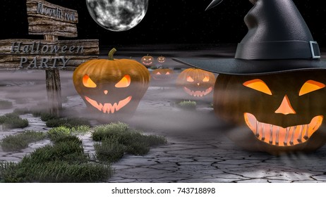Halloween party- group of walking pumpking - 3D-Illustration