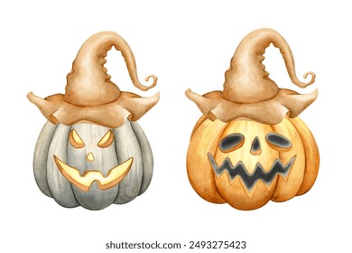 Halloween Phantom, Jack O'Lantern. There is also a lantern type. Watercolor illustration. Glowing pumpkins and a burning lantern. Holiday attribute.1. - Powered by Shutterstock