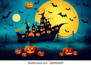 Halloween pirate ship drawing and pumpkins   bat  full moon