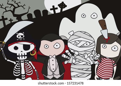 Halloween. Pirate Skeleton, Dracula, Mummy, Zombie And Phantom In A Scary Landscape At Hallow's Eve.