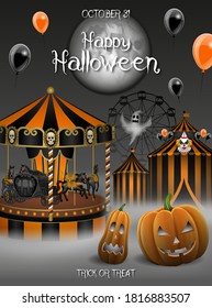 Halloween Poster With Pumpkins, Circus And Carousel