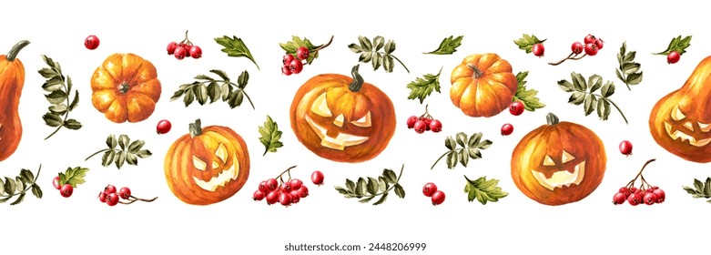 Halloween pumpkin border, Hand drawn watercolor seamless pattern isolated on white background - Powered by Shutterstock