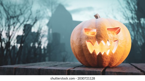 Halloween Pumpkin Glowing On Gothic Graveyard. Jack-o'-lantern Scary Carved Face. 3d Render