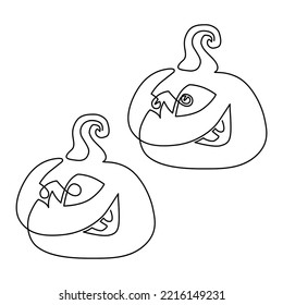 Halloween. A Pumpkin With A Grimace Face Carved Into It, A Frightening Mask. Continuous Line Drawing Illustration.