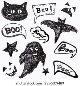 Halloween Pumpkin Jack  ghost  cat  bat   boo lettering  Liner drawing  
black ink isolated white background 