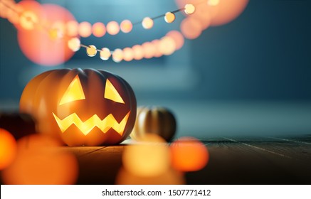 A halloween pumpkin Jack O' Lantern on a wooden floor with rows of fairy lights. Celebration and party event background. 3D illustration - Powered by Shutterstock