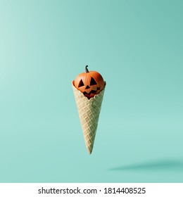 Halloween Pumpkin. Jack O Lantern Ice Cream On Blue Background. Creative Idea Minimal Concept. 3d Rendering