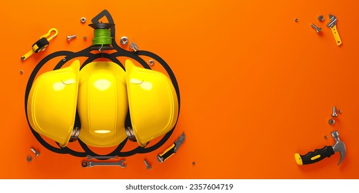 Halloween pumpkin made of protective helmets. 3d render illustration on engineering, construction and architecture theme. - Powered by Shutterstock