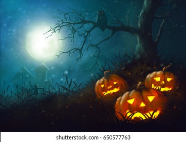 Halloween pumpkin night illustration  paintig dark fantasy horror in the grass and scarecrow full moon - Powered by Shutterstock