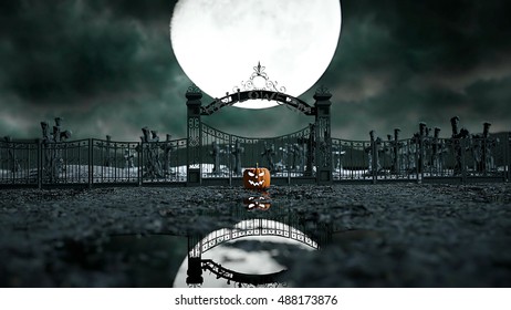 Halloween Pumpkin Spooky Graveyard Hallowenn Concept Stock Illustration