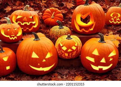 halloween pumpkins and autumn leaves pattern, holiday illustration, textures, wallpapers, 3d rendering - Powered by Shutterstock