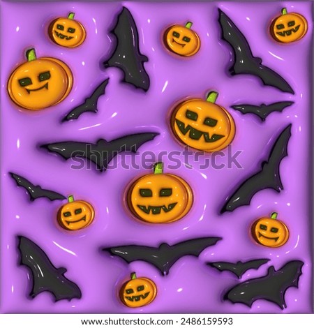 Halloween pumpkins and bats pattern inflated 3d puffy bubble graphics background