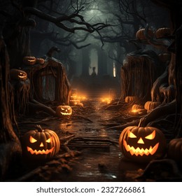 Halloween Pumpkins On Wood In A Spooky Forest At Night - Powered by Shutterstock