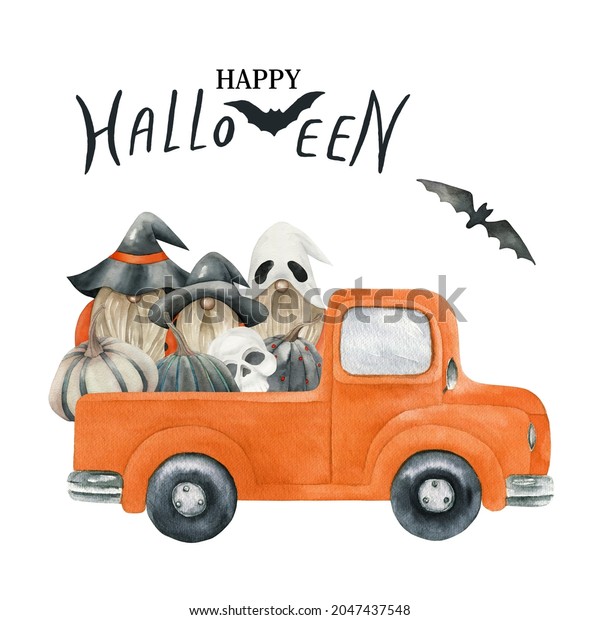 Halloween pumpkins, truck and gnome\
card. Watercolor cartoon character on white\
background