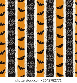 Halloween raster seamless pattern background. Pumpkin orange,black and bone white vertical grunge stripes. Bats and spiderwebs. Brush strokes, striped background. Linear geometric fall backdrop.