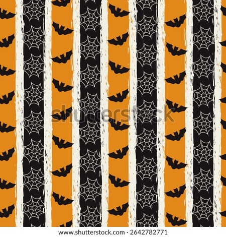 Halloween raster seamless pattern background. Pumpkin orange,black and bone white vertical grunge stripes. Bats and spiderwebs. Brush strokes, striped background. Linear geometric fall backdrop.