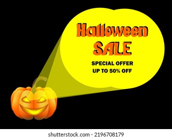  Halloween Sale. Halloween Background With Orange Pumpkin With Glowing Yellow Eyes.