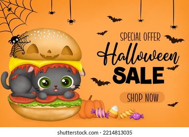 Halloween Sale Discount For Shop Restaurant Special Offer Black Cat Burger Candy Digital Art Painting Orange Background Wallpaper Web Banner