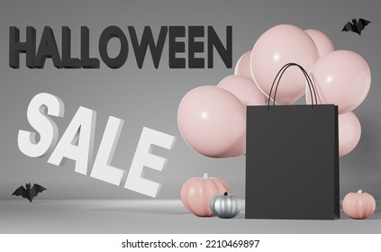 Halloween Sale Promo Banner. Pumpkins Black Shopping Bag Branding Mockup Pink Balloons 3d Rendering. Thanksgiving Autumn Holiday Shopper Template.Shop Discount Price Offer Design Gift Purchase Package