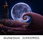 Halloween scary background with the moon on sky. pumpkins on spooky, Horror forest hills with the moon, 3d Halloween scary and creepy scene at night in forest with trees and skeletons, tomb stones.
