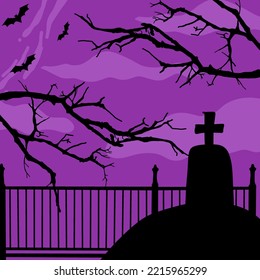 Halloween Scary Purple Background. Cartoon Illustration Of A Funeral Home At Night. Scary Bat