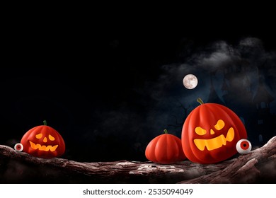 Halloween scene with glowing pumpkins, full moon and dark haunted backdrop, setting the perfect mood for a spooky celebration. Ideal for Halloween posters, decorations, or seasonal holiday themes - Powered by Shutterstock