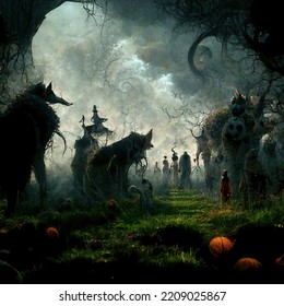 Halloween scene with mystical atmosphere, dark scary mood, with pumpkins, dark clouds and sky, illustration for use in movies, games and books - Powered by Shutterstock