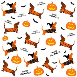 Halloween Seamless Background With Dachshund Dog, Bats And Pumpkin. Good For Textile Fabric Design, Wrapping Paper, Website Wallpapers, Textile, Wallpaper And Apparel.  Illustration