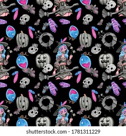 Halloween seamless pattern black grey pink and blue watercolor art