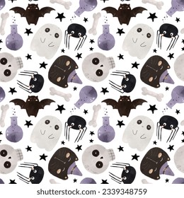Halloween seamless pattern and cartoon ghost  cat  bat  spider  decoration elements  Colorful flat style  holiday theme  hand drawing  design for fabric  print  wrapper  textile
