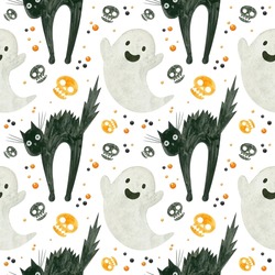Halloween Seamless Pattern With A Cute Ghost, Orange Skulls Of A Frightened Black Cat.  Spooky Digital Scrapbooking Paper On White Background.