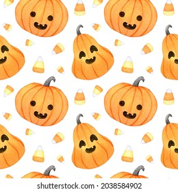 Halloween Seamless Pattern With Cute Jack O Lantern And Candy Corn, Spooky Hand Painted Watercolor Repeat Pattern, Digital Paper For Scrapbooking, Gift Wrapping, Party Decoration