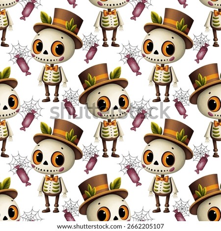 Halloween seamless pattern, cute skeleton in suit and hat with orange eyes, candies and spider web on white background