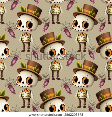 Halloween seamless pattern, cute skeleton in suit and hat with orange eyes, candies and spider web on beige background
