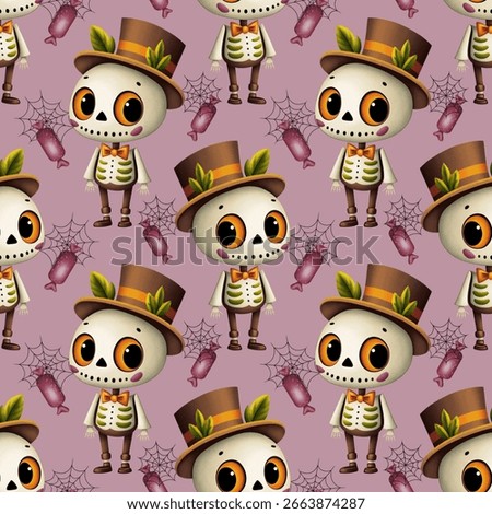 Halloween seamless pattern, cute skeleton in suit and hat with orange eyes, candies and spider web on pink background
