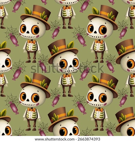 Halloween seamless pattern, cute skeleton in suit and hat with orange eyes, candies and spider web on green background