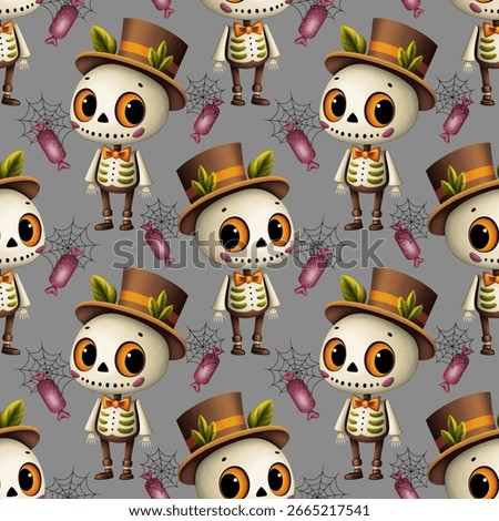 Halloween seamless pattern, cute skeleton in suit and hat with orange eyes, candies and spider web on grey background