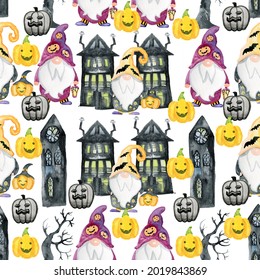 Halloween Seamless Pattern Digital Paper Gnomes, Pumpkins, Gothic Houses and Creepy Trees