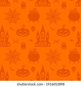 Halloween Seamless Pattern. Orange Icons Of Skull, Spider, Web, Pumpkins, Cauldron. Design Elements For Halloween Party Poster. Flat Cartoon Illustration. Objects Isolated On A Orange Background.