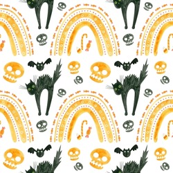 Halloween Seamless Pattern With Orange Skulls, Bats, Frightened Black Cat And Rainbows. Spooky Digital Scrapbooking Paper On White Background.