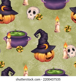 Halloween seamless pattern and pumpkins  skulls  candles   potion 