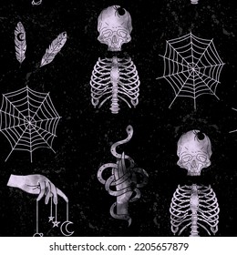 Halloween Seamless Pattern With Skeleton, Hands, Sneak, And Cobweb. Background For Fabric, Packaging, Phone Case, Notebook Covers, Astrology, Wrapping Paper.